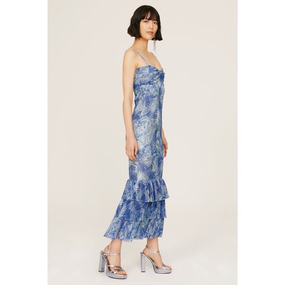 Mia Vesper Frond Mermaid Blue Printed Sleeveless Chiffon Maxi Dress Size Small - Picture 2 of 15
